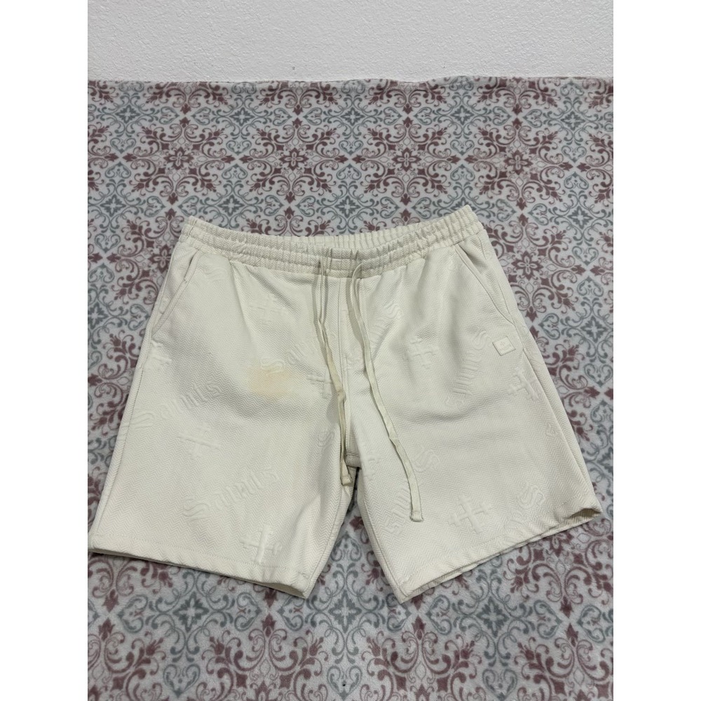 Saints Studio Mens 3X Cream Embossed Logo Herringbone Athletic Shorts Off White